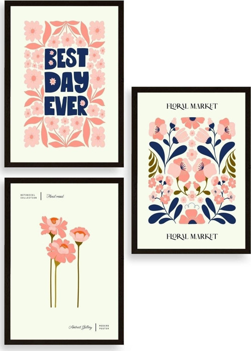 Flower Market Üçlü Ahşap Çerçeveli Tablo