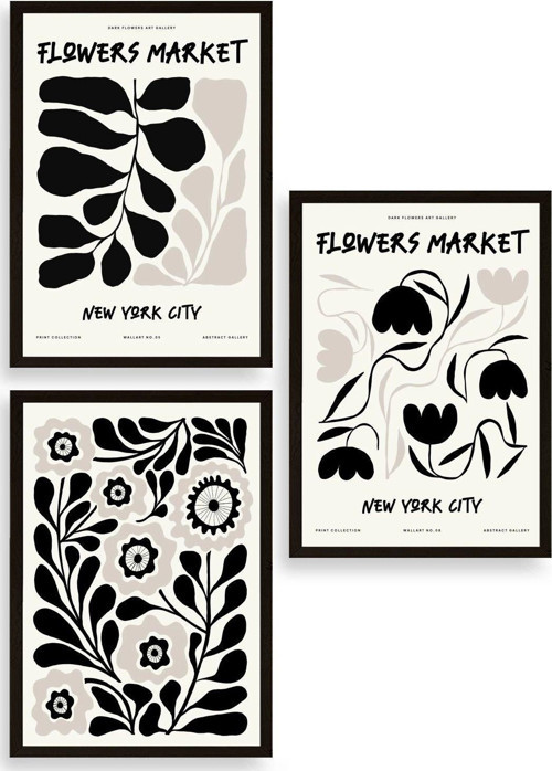 Flower Market Üçlü Ahşap Çerçeveli Tablo
