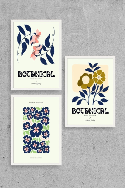 Botanik Üçlü Ahşap Çerçeveli Tablo