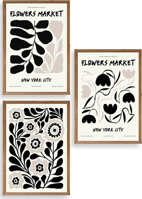 Flower Market Üçlü Ahşap Çerçeveli Tablo
