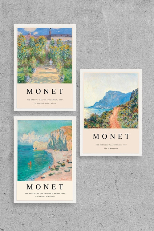 Monet Üçlü Ahşap Çerçeveli Tablo