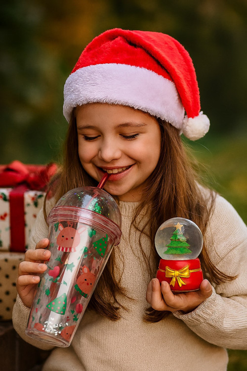 Trend YeniYıl Yılbaşı 2'li Hediye Seti Noel Geyikli Pipetli Suluk Çam Ağacı Temalı Işıklı Kar Küresi