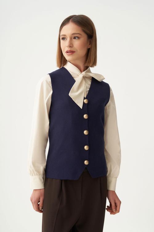 Lacivert-Dügmeli V Yaka Triko Hırka