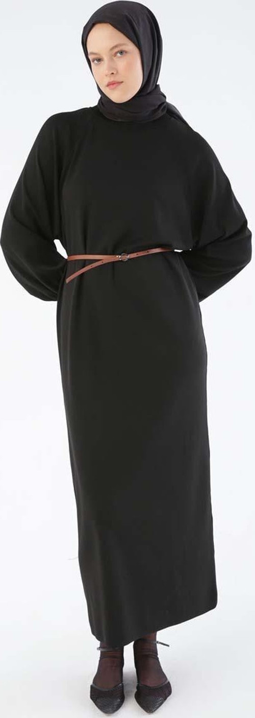 Siyah-Kemerli İnce Triko Elbise