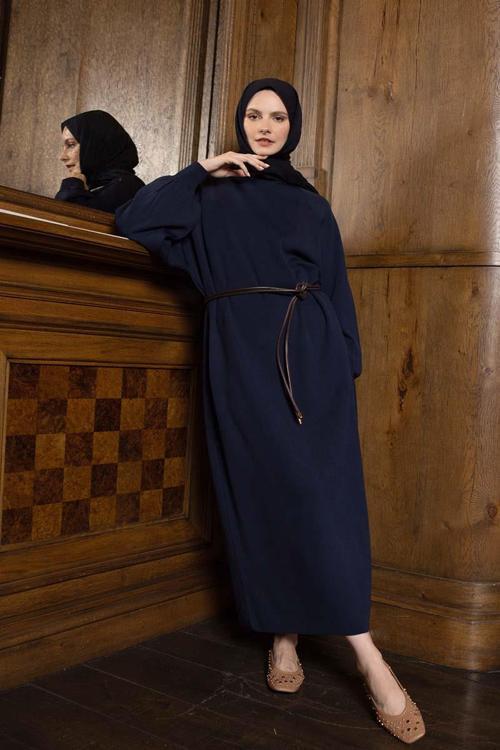 Lacivert-Kemerli İnce Triko Elbise