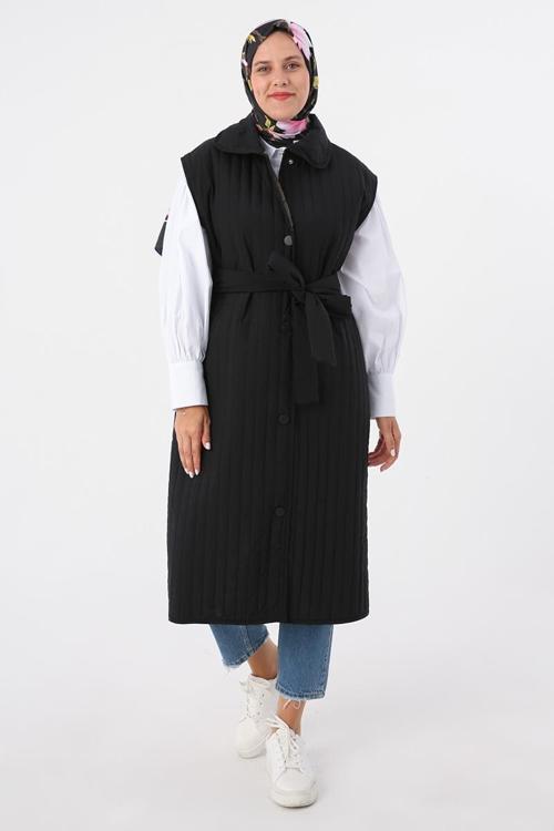 Siyah-Oversize Çıtçıtlı Dikey Çizgi Uzun Kapitone Yelek