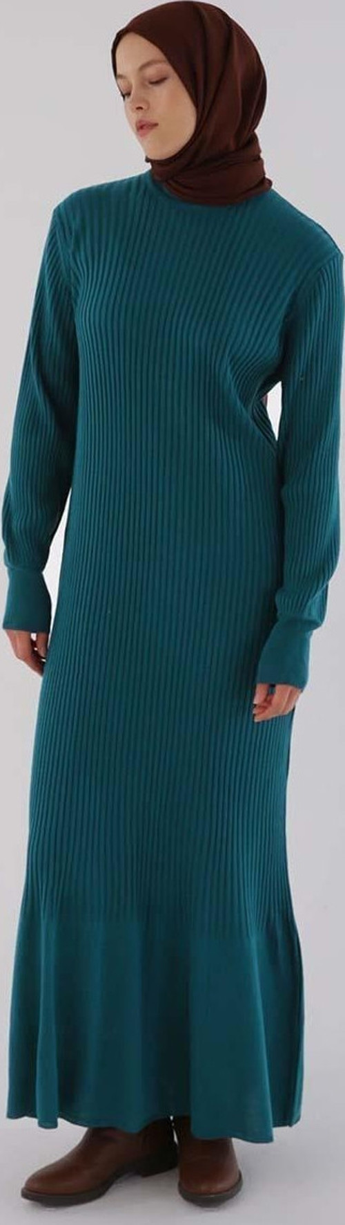 Petrol-Dik Yaka Fitilli Triko Elbise