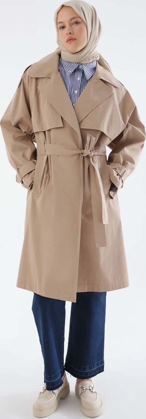 Bej-Kemerli Çıtçıtlı Oversize Trençkot