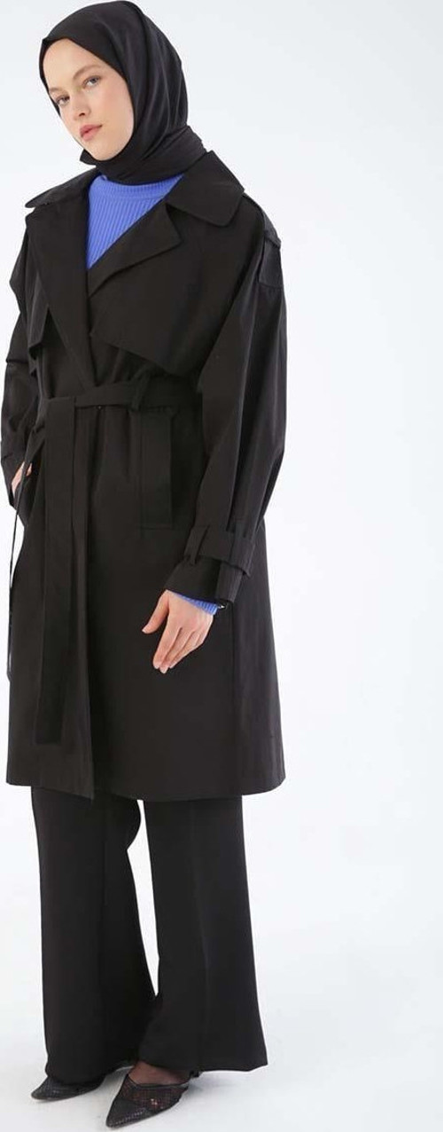 Siyah-Kemerli Çıtçıtlı Oversize Trençkot