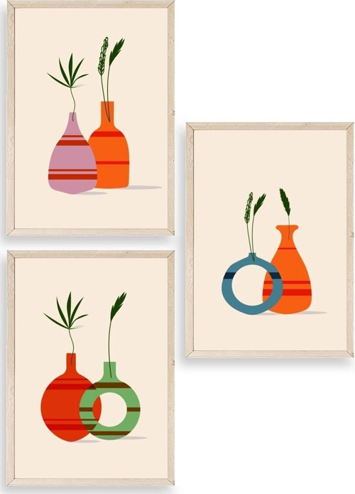 Çiçek Desenli Üçlü Ahşap Çerçeveli Tablo