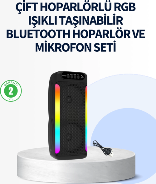Rgb Işıklı Çift Hoparlörlü Taşınabilir Bluetooth Speaker Ve Mikrofon