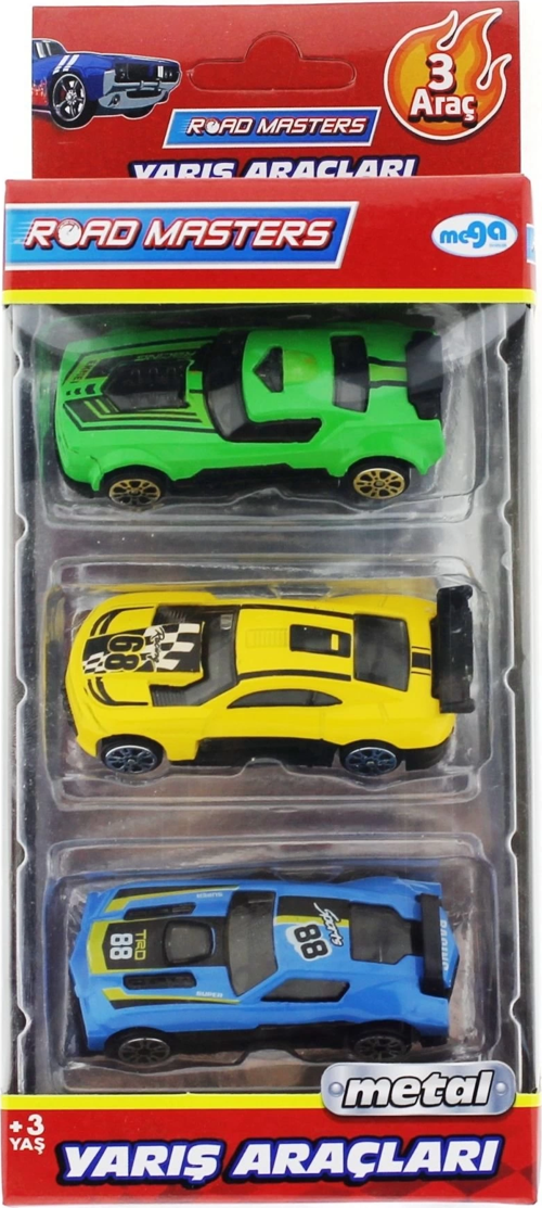 Die Cast Metal 3'Lü Yarış Arabaları Yeşil Araçlı