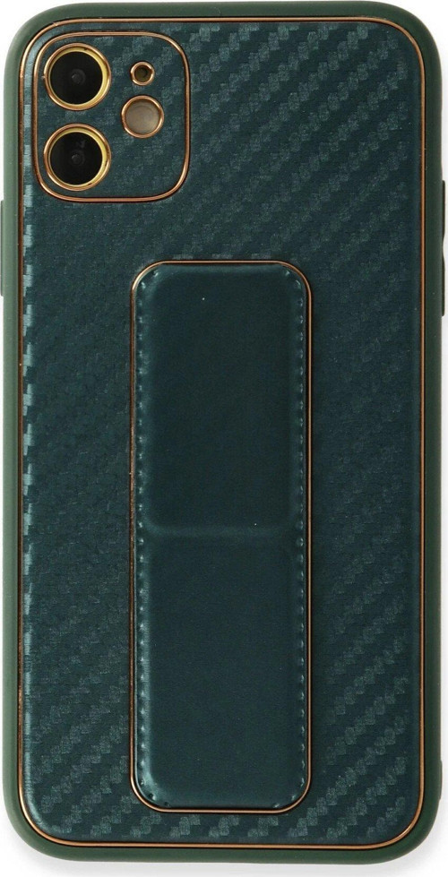 Iphone 12 Kılıf Coco Karbon Standlı Kapak - Yeşil-(5796)