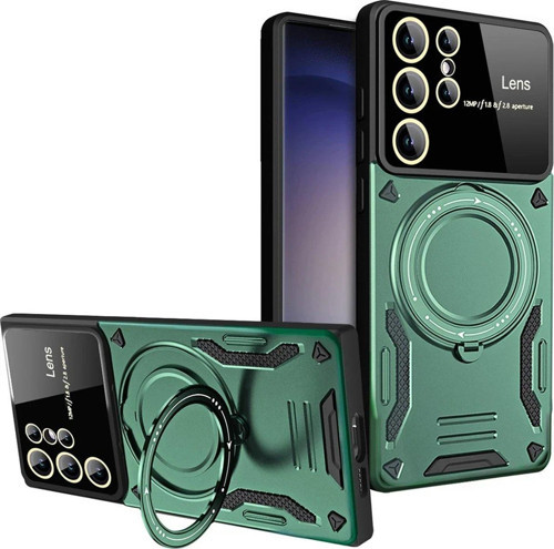 Galaxy S25 Kılıf Joy Lens Standlı Kapak - Koyu Yeşil-(5796)