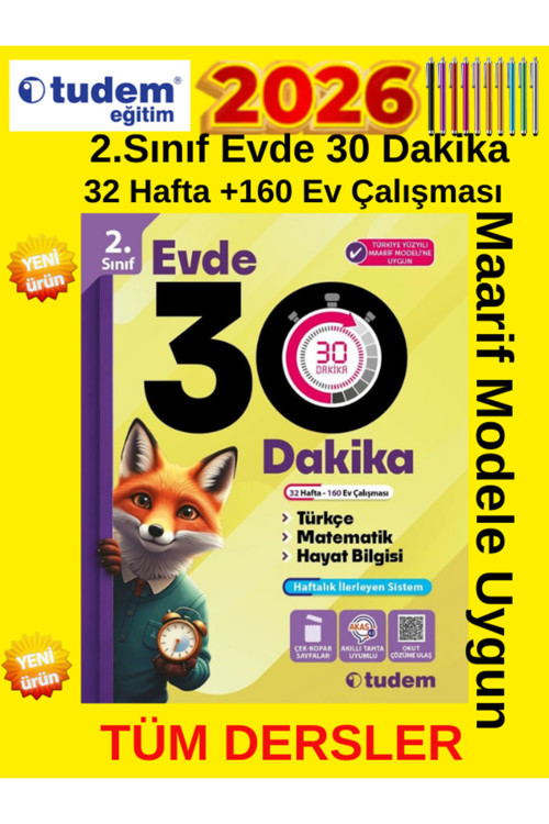 Tudem 2026 Tudem 2.Sınıf Evde 30 Dakika Tüm Dersler Maarif Müfredat Çalışma Kitabı+Tablet Kalem