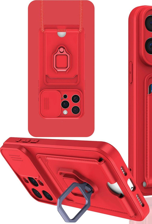 Iphone 15 Kılıf Zuma Kartvizitli Yüzüklü Silikon - Kırmızı-(5796)