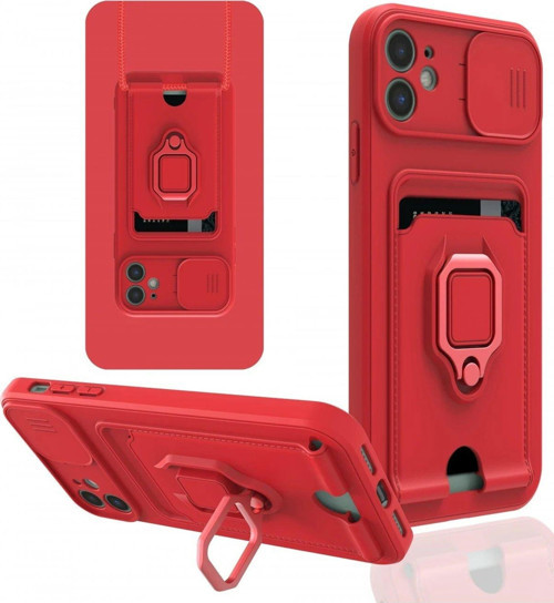 Iphone 11 Kılıf Zuma Kartvizitli Yüzüklü Silikon - Kırmızı-(5796)
