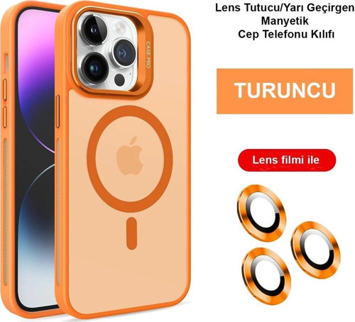 Iphone 14 Kılıf Flet Lens Magsafe Kapak - Turuncu-(5796)