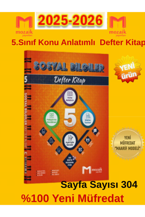 Mozaik Yayınları 2025-2026 Müfredat 5.Sınıf Sosyal %100 Yeni Konu Anlatımlı Defter+Kalem