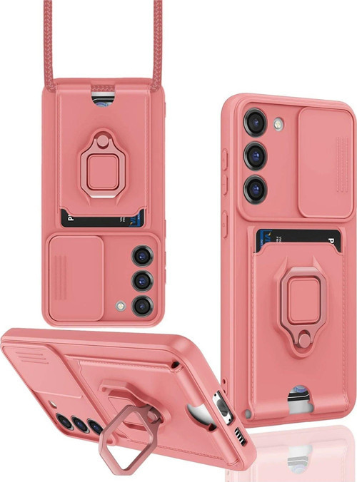 Galaxy S23 Kılıf Zuma Kartvizitli Yüzüklü Silikon - Pembe-(5796)