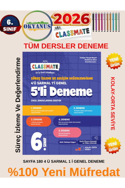 Claasmate 6.Sınıf %100 Yeni Müfredat Süreç İzleme Değerlendirme Tüm Dersler 5Li Deneme