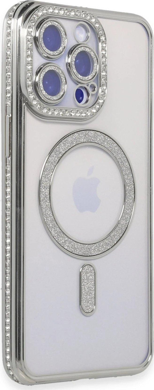 Iphone 15 Kılıf Joke Simli Magneticsafe Kılıf - Gümüş-(5796)