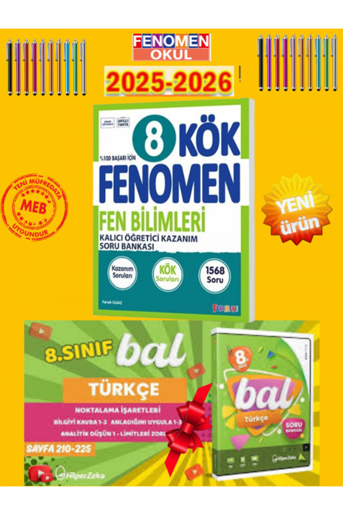 Fenomen Okul Yayınları Lgs 8.Sınıf Fen Bilimleri Kök Soru Bankası+Bal 8.Sınıf Türkçe Soru+ Kalem