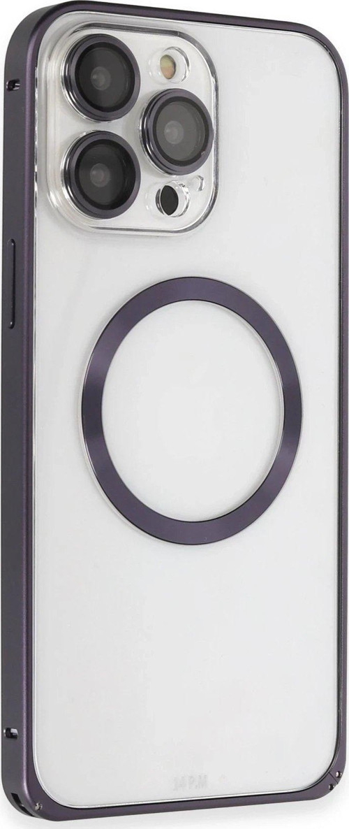 Iphone 14 Kılıf Metal Bumper Magneticsafe Kapak - Derin Mor-(5796)