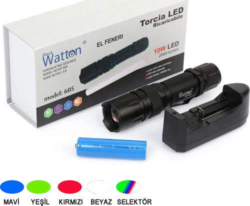 10W 2000 Lümen 4 Renk Güçlü El Feneri Wt-605