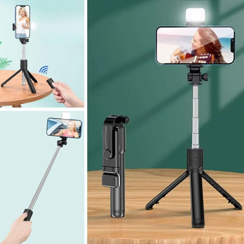 Buffer® Kendiliğinden Işıklı Masaüstü Tripod Olabilen Telefon Tutuculu Kablosuz Kumandalı Selfie Çub