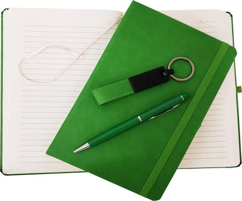 Yeşil Termo Deri Defter, Kalem Ve Anahtarlık Seti