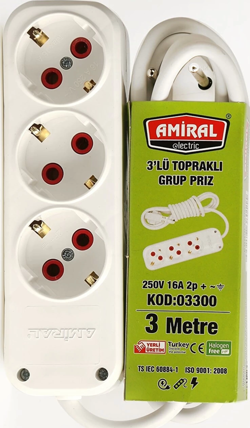 Amiral 3' Lü Topraklı 3 Metre Kablolu Grup Priz