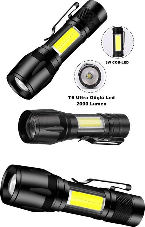 Ultra Çift Yönlü Güçlü Pilli Led El Feneri 2000 Lümen 6W Cob Led Su Geçirmez Zoomlu 3 Modlu