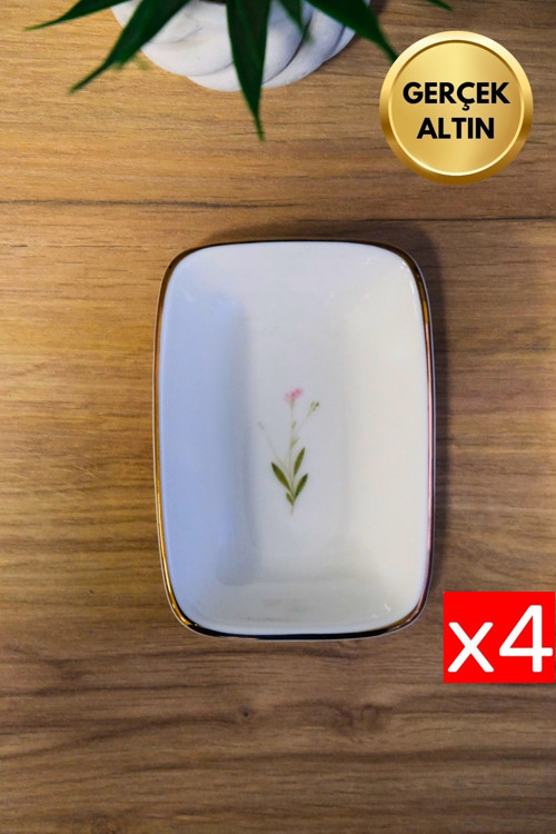 Porselen Natura Çuha Altın Yaldızlı Dikdörtgen Kayık Tabak 12x8,50cm 4 lü
