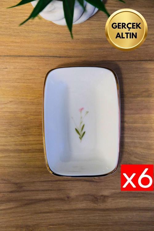 Porselen Natura Çuha Altın Yaldızlı Dikdörtgen Kayık Tabak 12x8,50cm 6 lı