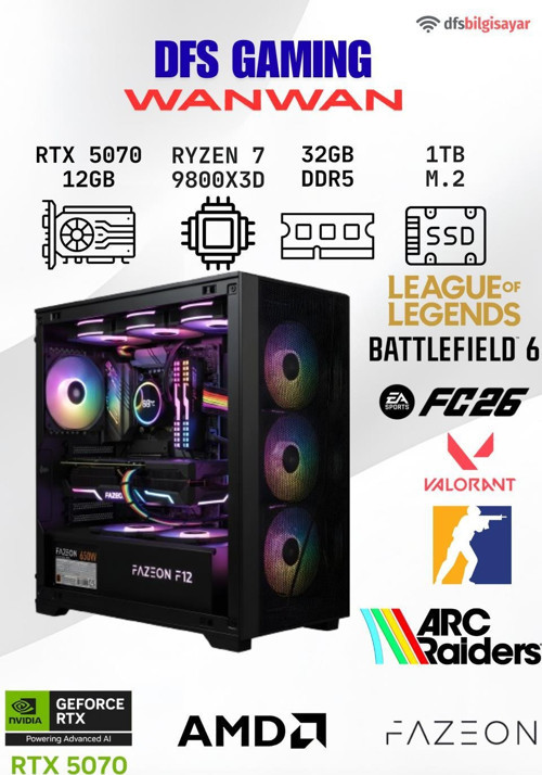 DFS GAMING WANWAN RYZEN 7 9800X3D-B650M-RTX 5070-32GB DDR5 RAM-1TB M.2 SSD-MASAÜSTÜ OYUNCU BİLGİSAYARI