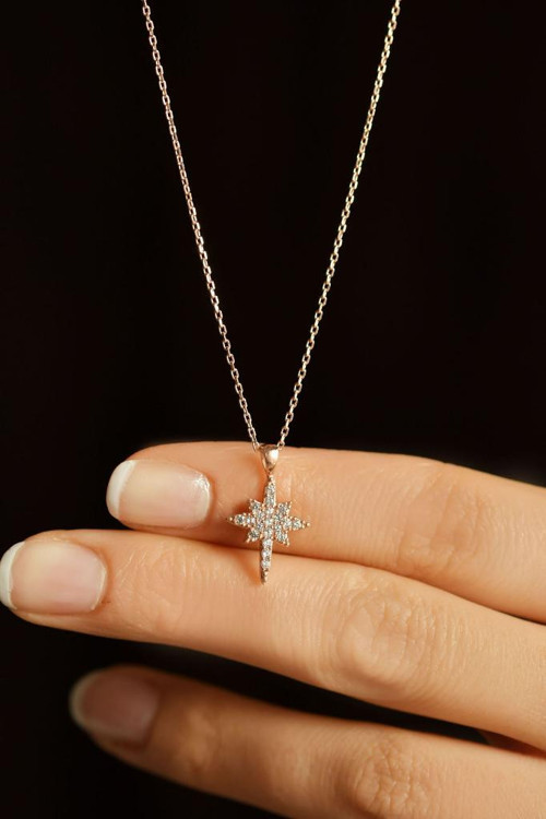 Zirkon Taşlı Rose Kuzey Yıldızı Minimal Gümüş Kolye