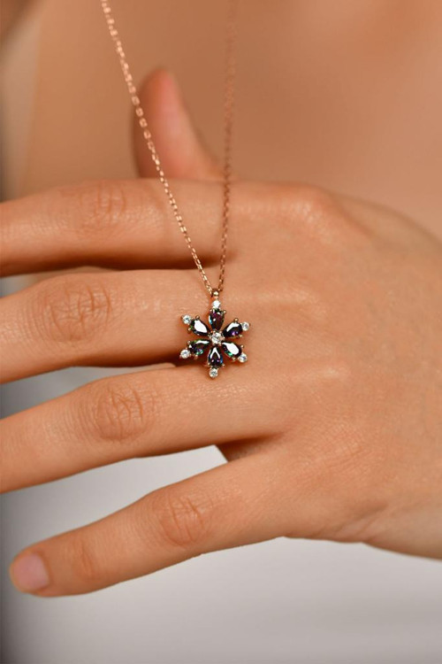 Mistik Topaz Taşlı Rose Lotus Çiçeği Gümüş Kolye