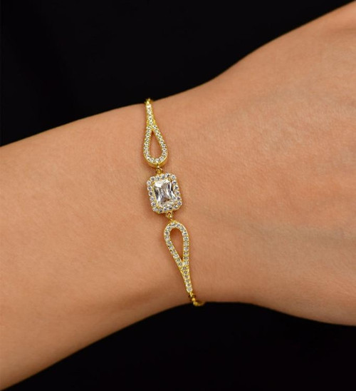 Zirkon Taşlı Gold Tektaş Baget Gümüş Bileklik