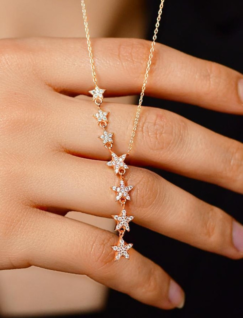 Zirkon Taşlı Rose Sıralı Yıldız Gümüş Kolye