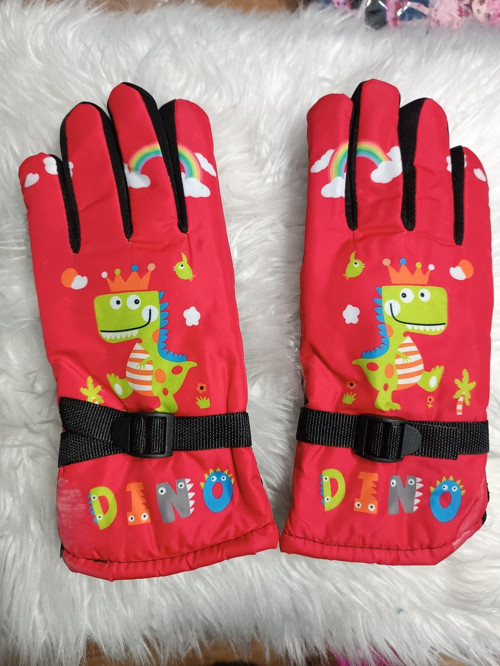 Dinazor Karakterli Su Geçirmez Kırmızı Renk Astarlı Çocuk Kayak Ve Kar Eldiveni 5-9 Yaş Arası