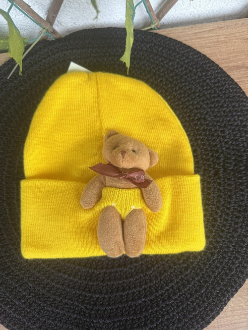 Bear Pelüş Kahve Ayıcıklı Bere Renkli Tedy Figürlü Unisex Sarı Örgü