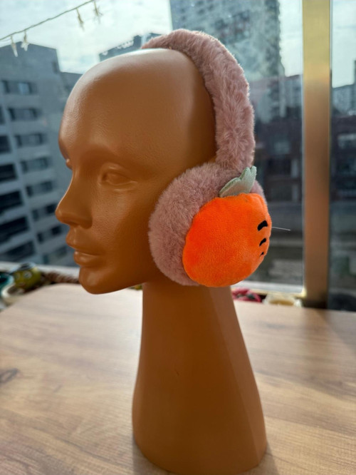 Soğuktan Koruyan Kışlık Kulaküstü Portakal Figürlü Pofuduk Pembe Renk Sevimli Pelüş Çocuk Kulaklık
