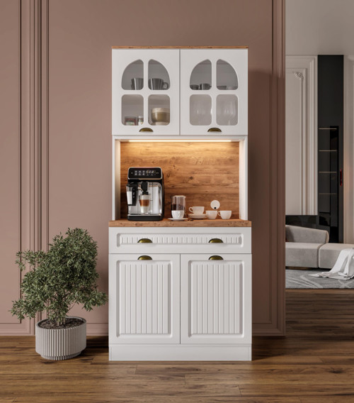 Efes 2 Kapaklı Kahve Köşesi – 93 cm MDF, LED Aydınlatmalı, Çok Amaçlı Mutfak ve Airfryer Dolabı