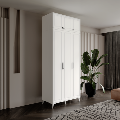 Milas 3 Kapaklı Komple MDF Ayaklı Yüklüklü Beyaz Gardırop