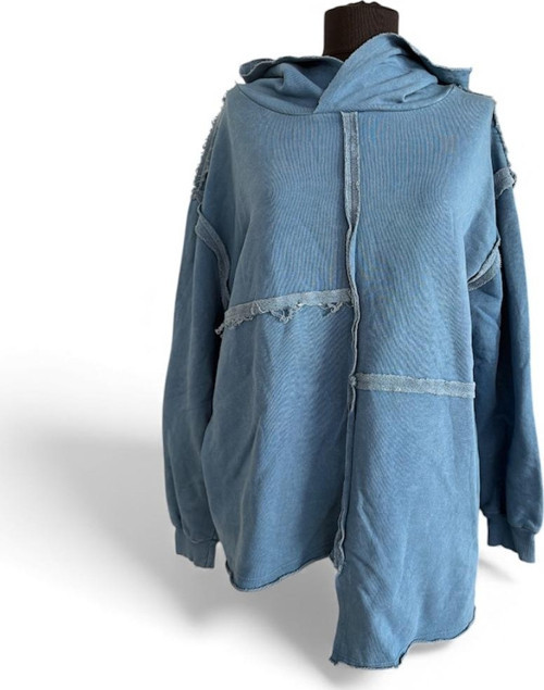 Kapüşonlu Uzun Kol Yıkamalı Casual Pamuklu Asimetrik Örme Sweatshirt