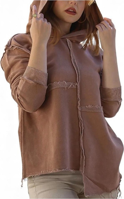 Kapüşonlu Uzun Kol Yıkamalı Casual Pamuklu Asimetrik Örme Sweatshirt