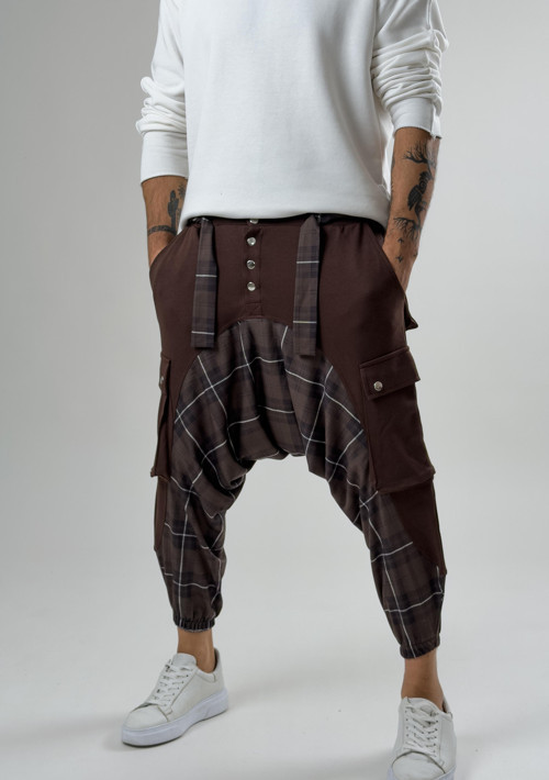 Garni Tasarım Erkek Kahverengi Etnik Desenli Spor Şalvar COC2616