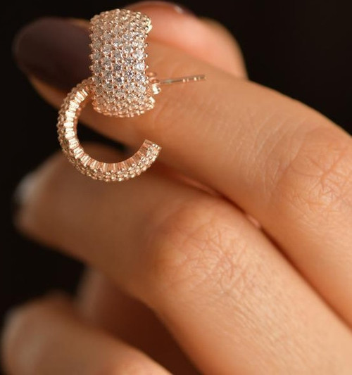 Zirkon Taşlı Rose Beş Sıra Tamtur Halka Model Çivili Gümüş Küpe