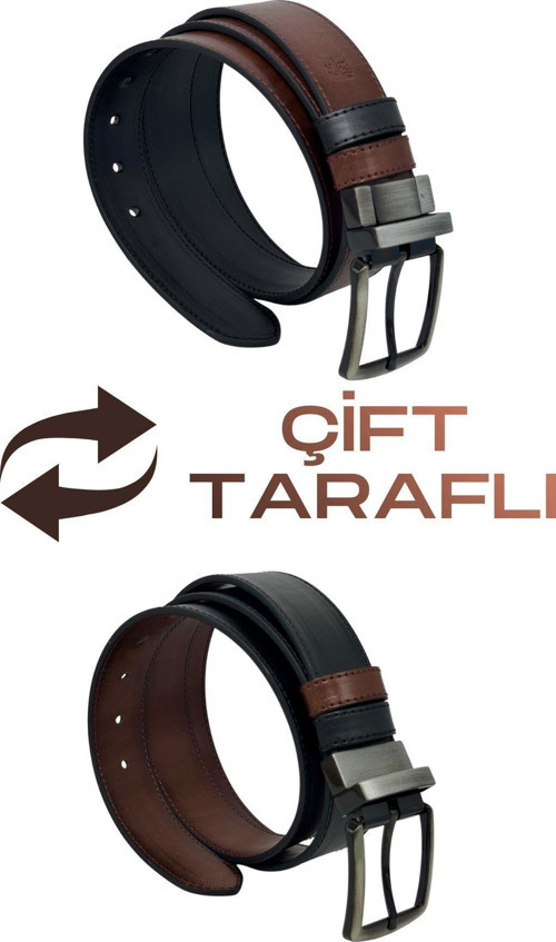Kahverengi / Siyah Çift Taraflı Suni Deri 4 cm. Genişlik Dönerli Tokalı Spor Erkek Kemer - 7110-13